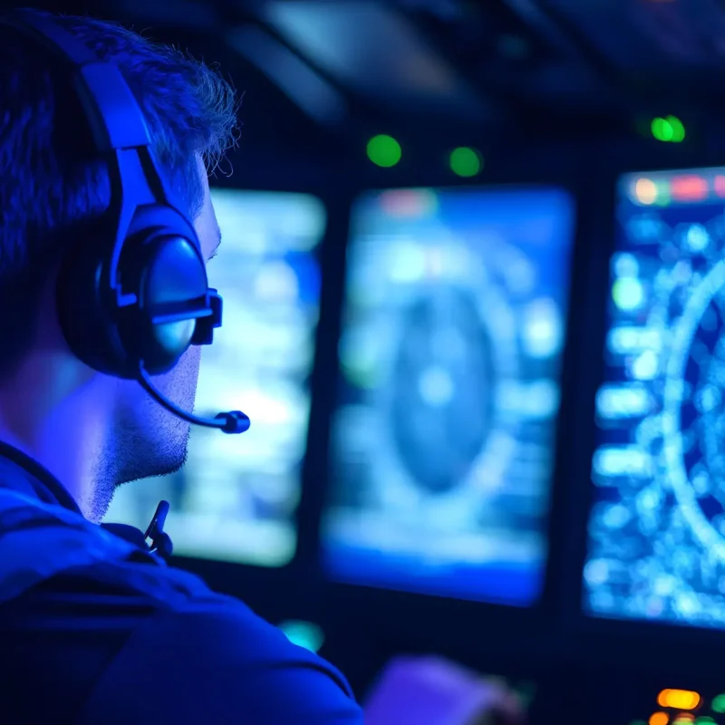 An air traffic controller wearing a headset monitors multiple radar screens in a dimly lit control room, ensuring flight safety.