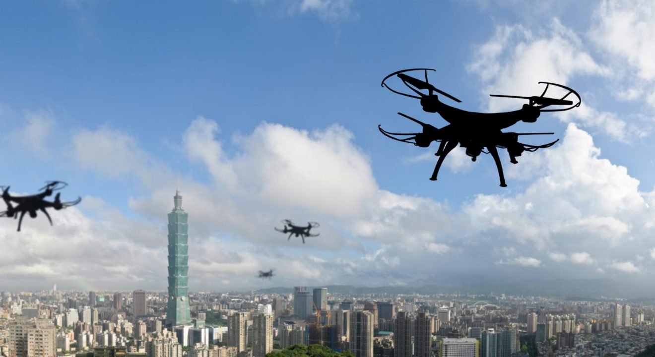 silhouette of drone flight in the city, Taipei